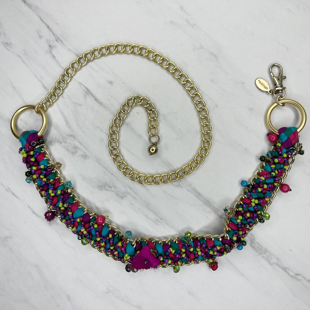 Chico's Woven Beaded Gold Tone Chain Belt Multicolor Boho One Size (OS) ✨